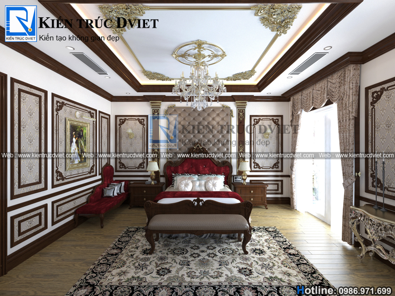 THIẾT KẾ NỘI THẤT PHÒNG NGỦ MASTER TÂN CỔ ĐIỂN 28M2 ĐẸP