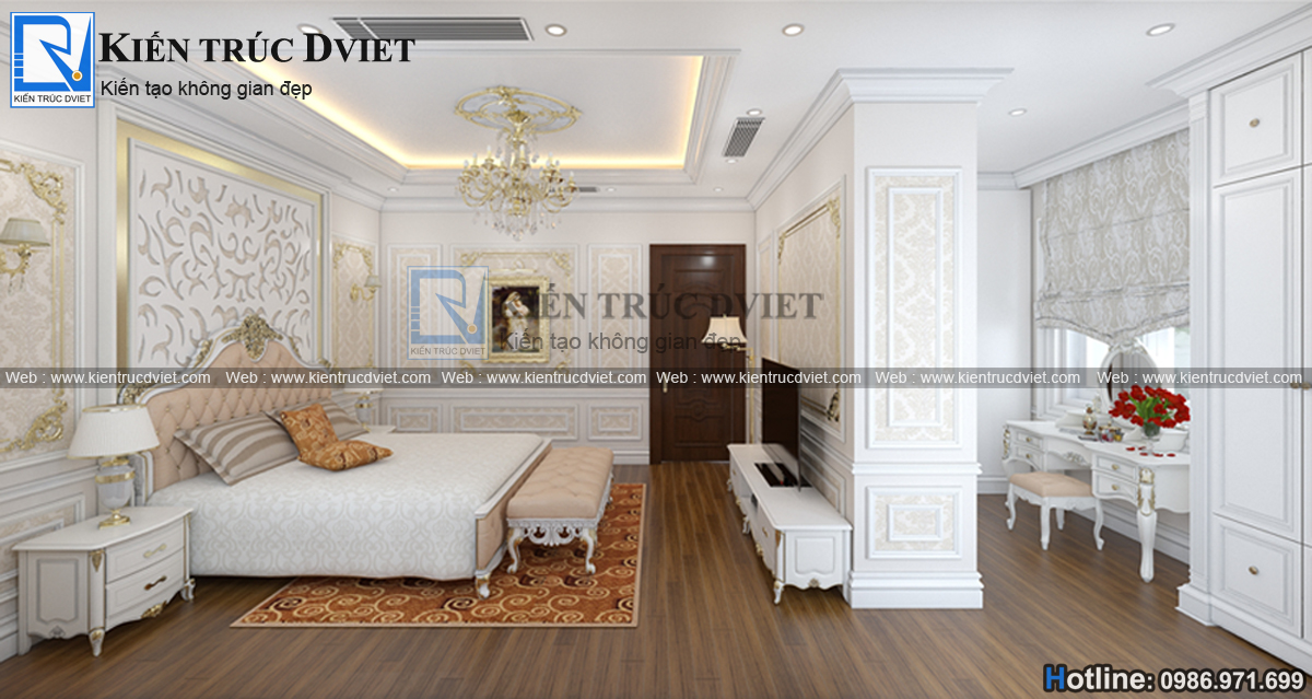 THIẾT KẾ NỘI THẤT PHÒNG NGỦ MASTER TÂN CỔ ĐIỂN ĐẸP 24M2