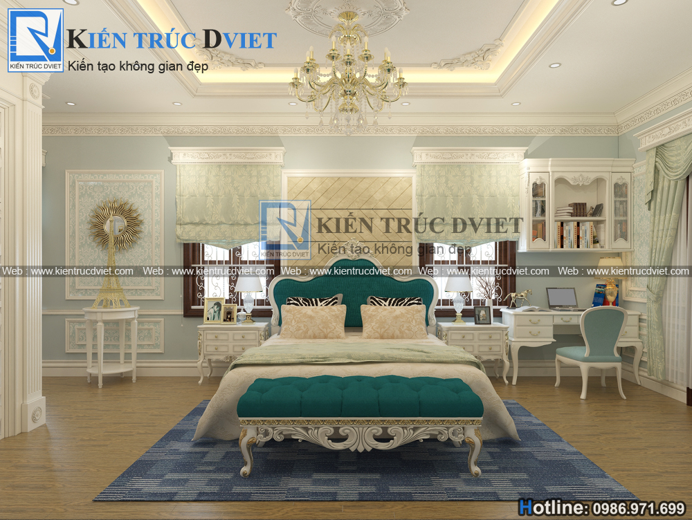 THIẾT KẾ NỘI THẤT PHÒNG NGỦ MASTER TÂN CỔ ĐIỂN 22M2 TẠI THÁI BÌNH