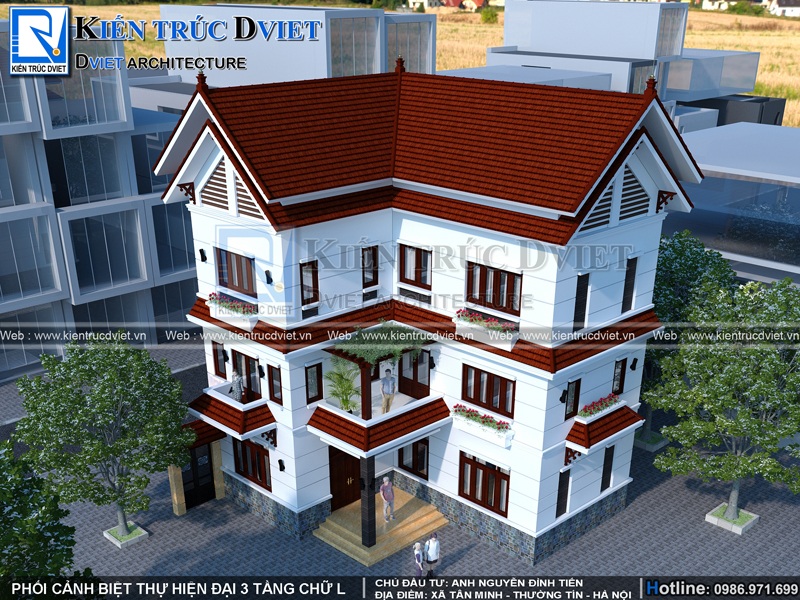 THIẾT KẾ BIỆT THỰ 3 TẦNG CHỮ L MÁI THÁI TẠI XÃ TÂN MINH - THƯỜNG TÍN