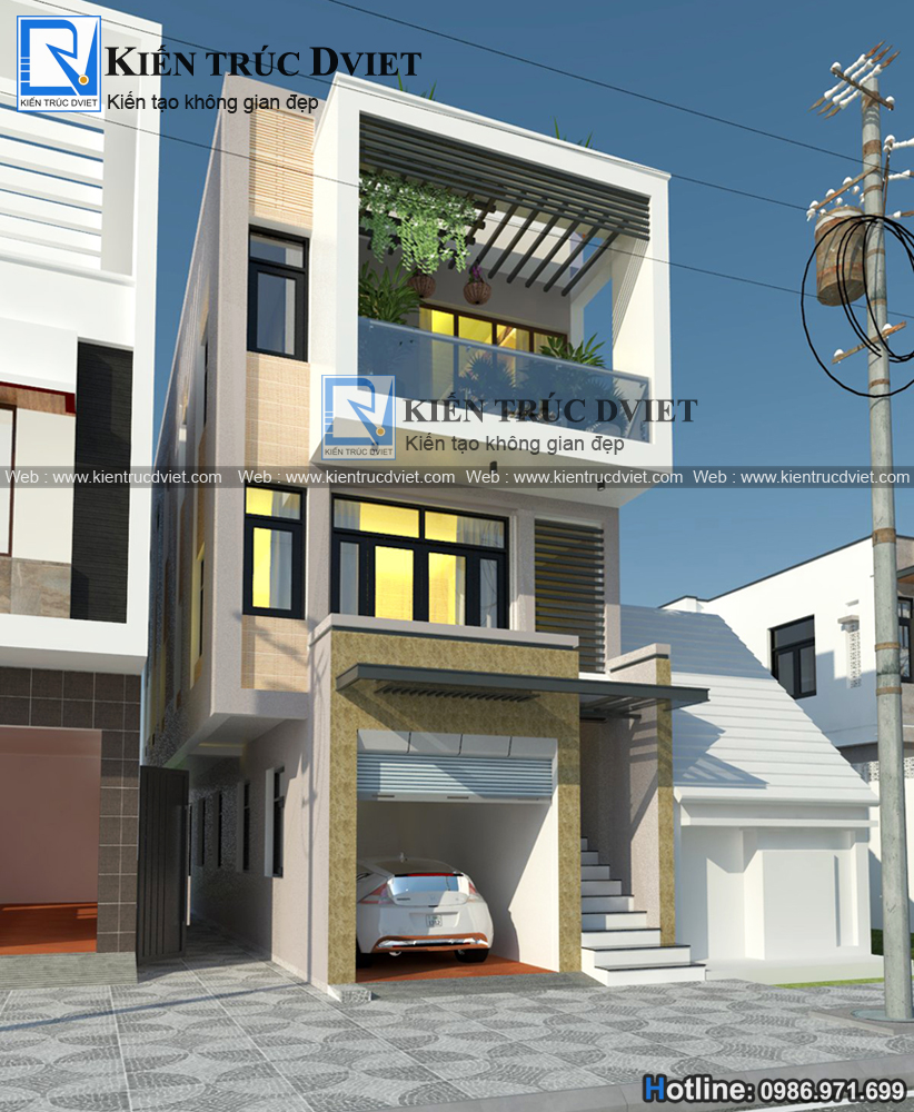 THIẾT KẾ NHÀ PHỐ (NHÀ ỐNG) 3 TẦNG HIỆN ĐẠI ĐẸP 45M2 TẠI NGUYỄN TRÃI-HẢI DƯƠNG