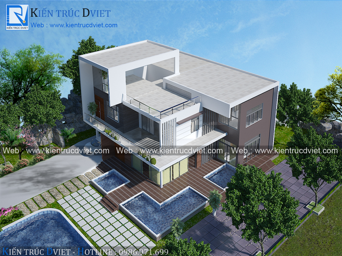 THIẾT KẾ BIỆT THỰ VƯỜN 2 TẦNG 1 TUM  PHONG CÁCH HIỆN ĐẠI